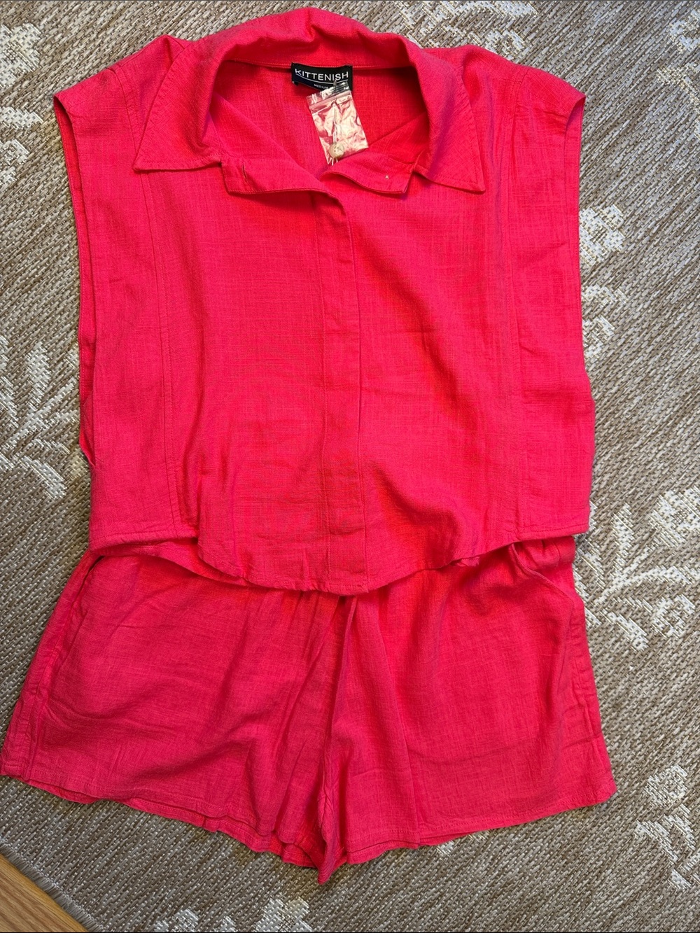 NWT Kittenish Bright Pink Sleeveless Collared Shorts Set